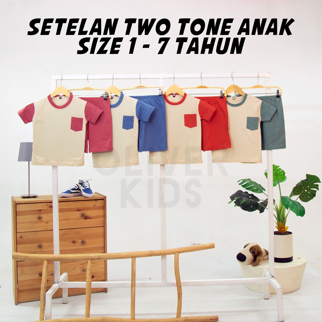 11 - 11 SALE - OLIVER KIDS - OliverKids Setelan Anak 1-7 Tahun Two Tone Set Anak Setelan Kiano Pocket Anak Celana Pendek Dan Baju Anak Polos Katun Combed One Set Henley Tee Setelan Pantai Anak