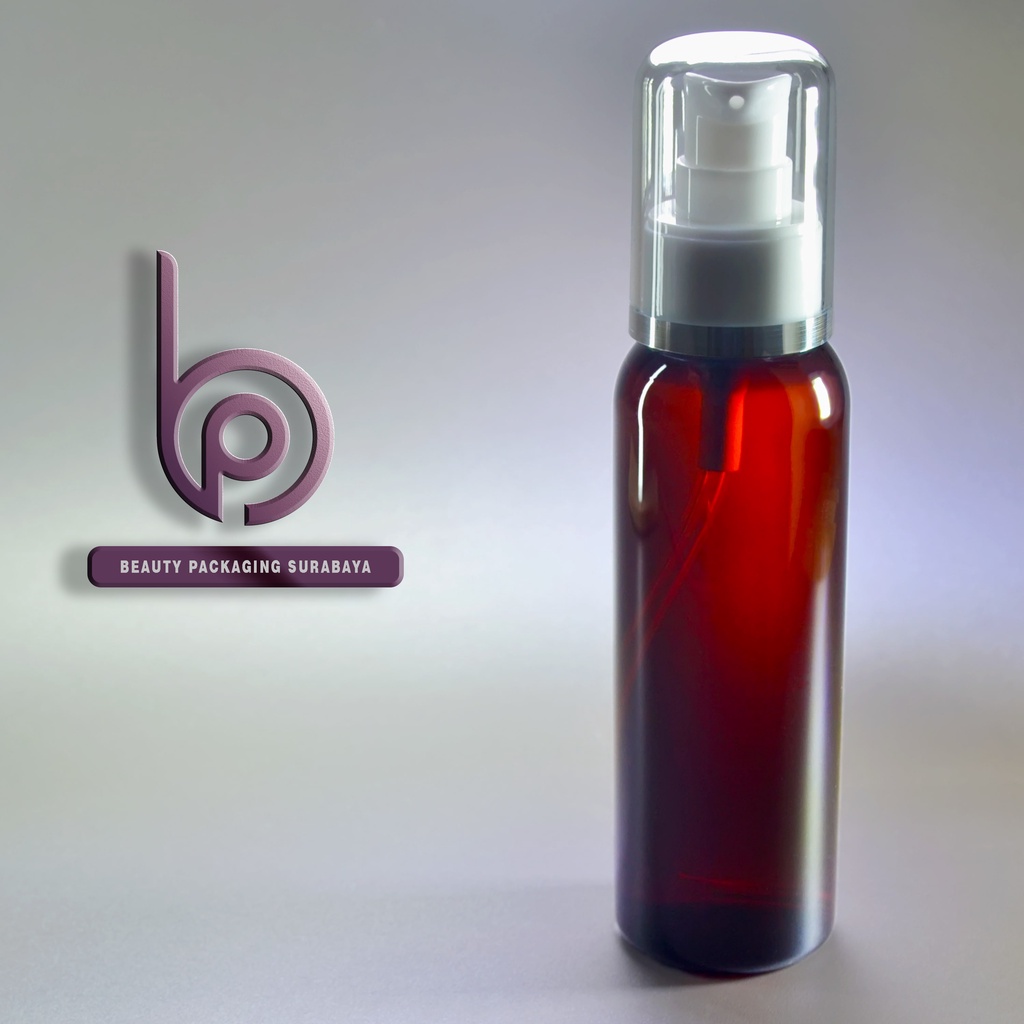 Botol plastik PET 100ml BR coklat amber tutup pump treatment FC putih