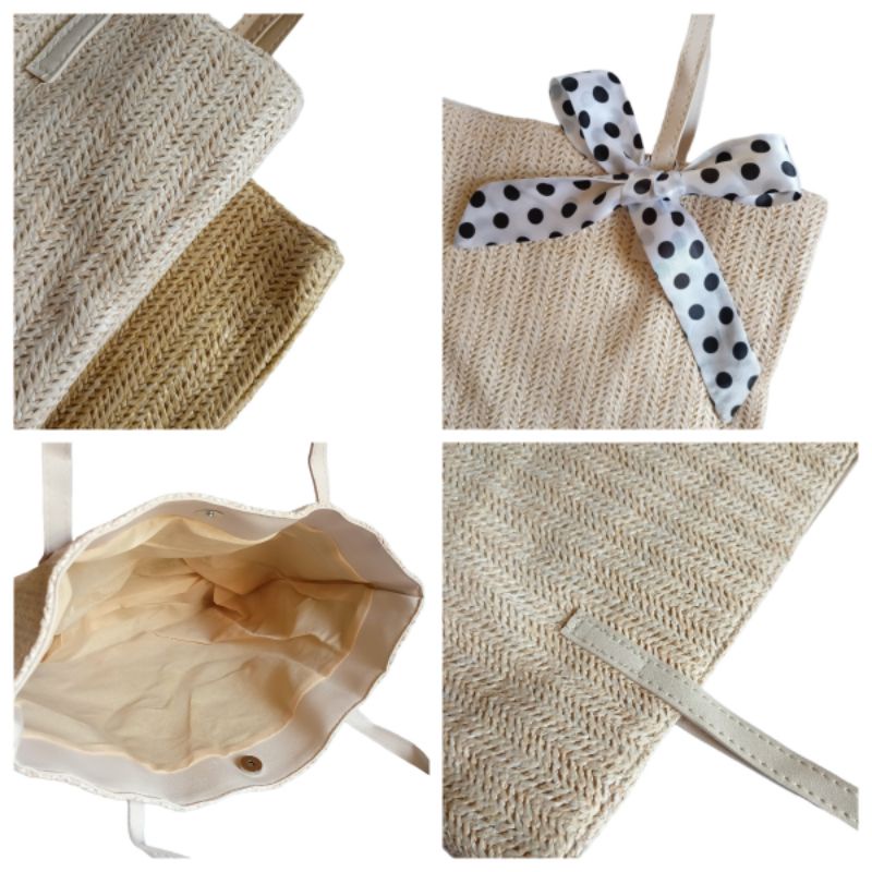 Tas Anyam Pita Polka TW220 Large Capacity Rajut Jerami Etnik Unik Woven Straw Shoulder Bag