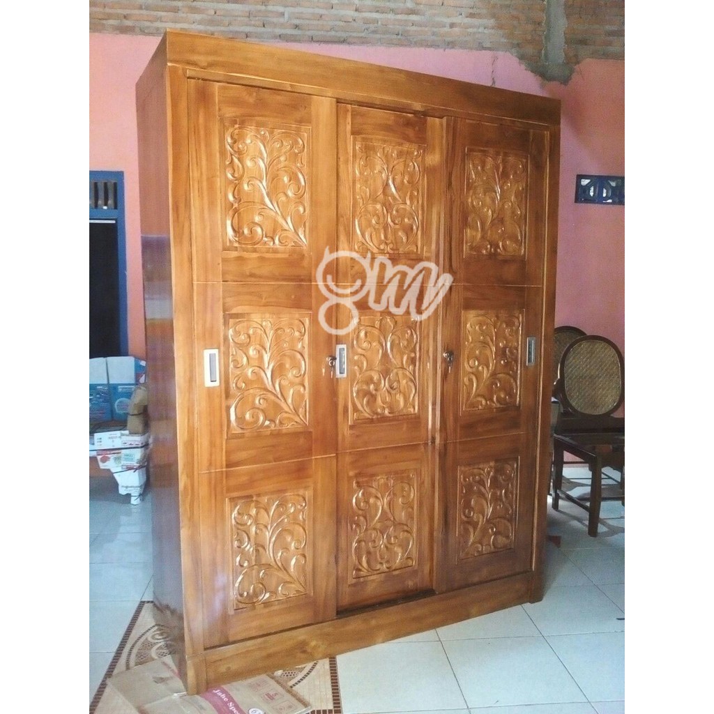Almari Jati 3 Pintu Sliding Ukir Lemahan Jepara - Lemari 3 Pintu