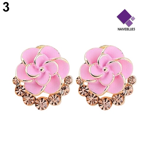 Anting Stud Bentuk Bunga Peony Camellia Bahan Alloy Aksen Berlian Imitasi Untuk Wanita