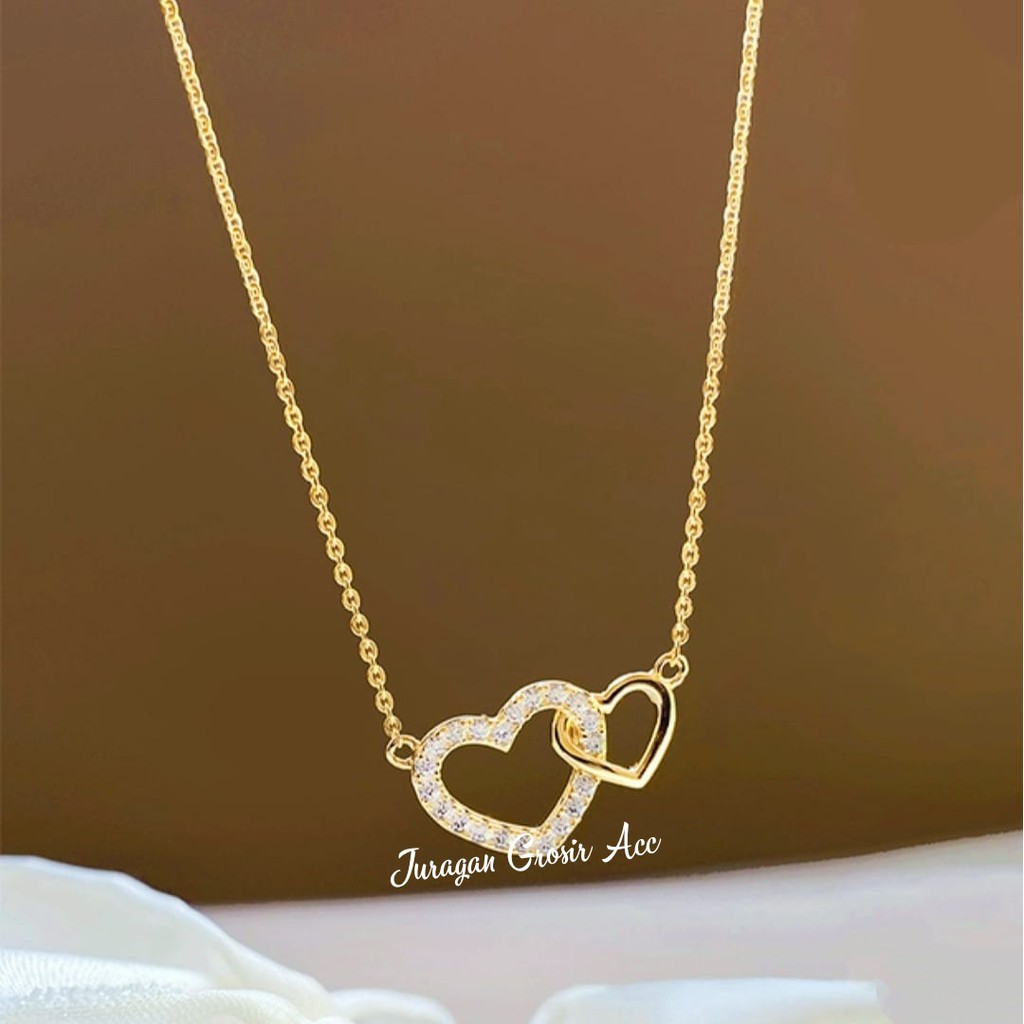 KALUNG TITANIUM LOVE GANDA SEMI PERMATA LOGAM EMAS24K ANTI KARAT&amp;ANTI LUNTUR DESAIN CASUAL TERMANIS