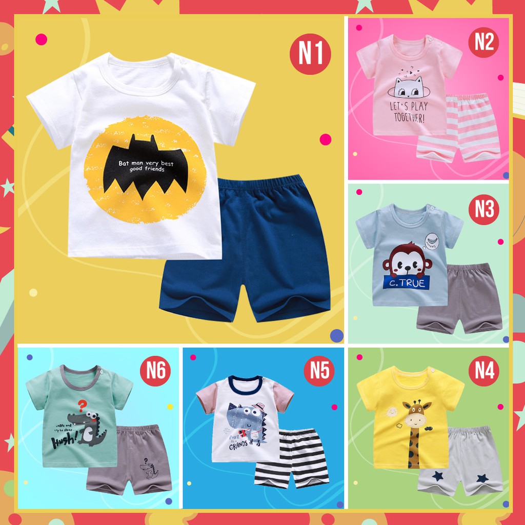 LAPAGO - Setelan Kaos Celana Anak laki Perempuan Motif Batman Dino Kartun Pendek 1 Bulan - 6 Tahun