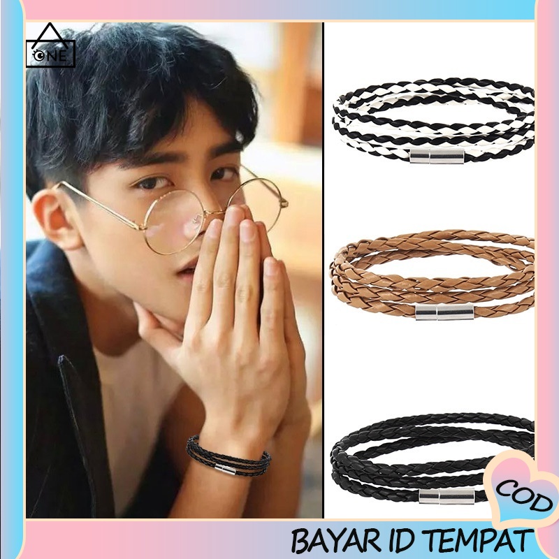 COD Korea Fashion Unisex Gelang Multi-layer Jalinan Twist Bracelet Tali Kulit hitam A one