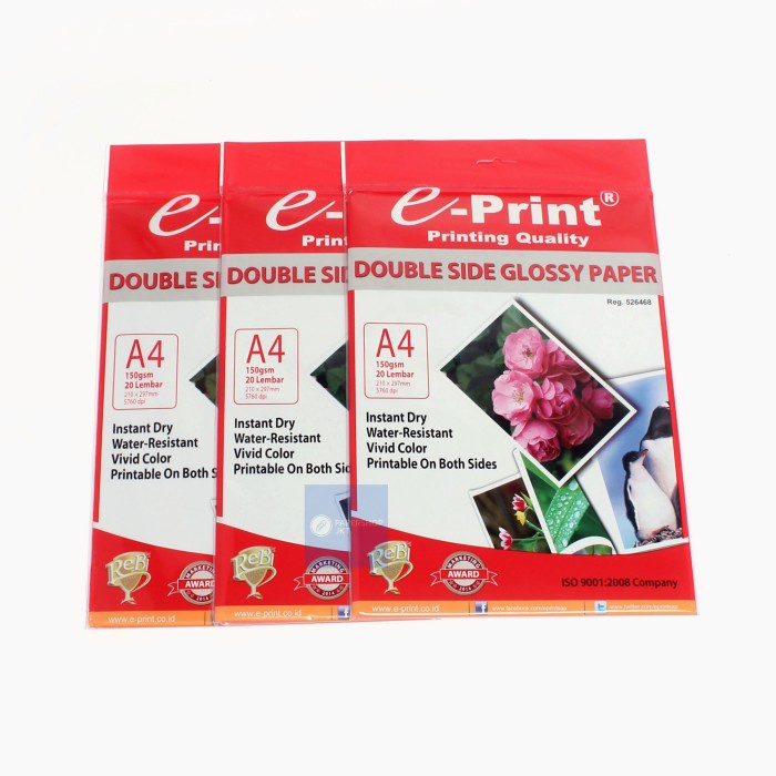 

Senikertas- Eprint Photo Paper Double Side Glossy A4 150Gsm -Kertas-Seni.