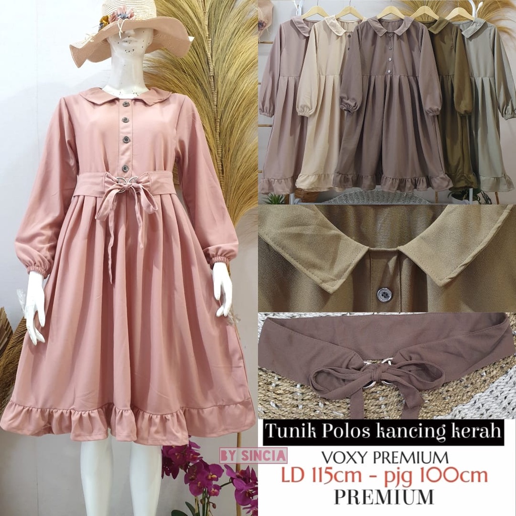 Tunik jumbo model kerah kancing lengan karet wudhu motif polos + tali pinggang bahan voxy merk sinci