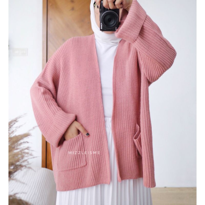 Oversized Knit Cardigan Cardigan Rajut Mizzleisme-Dusty Pink