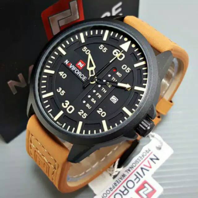 Jam tangan pria naviforce keren tali kulit mewah elegant