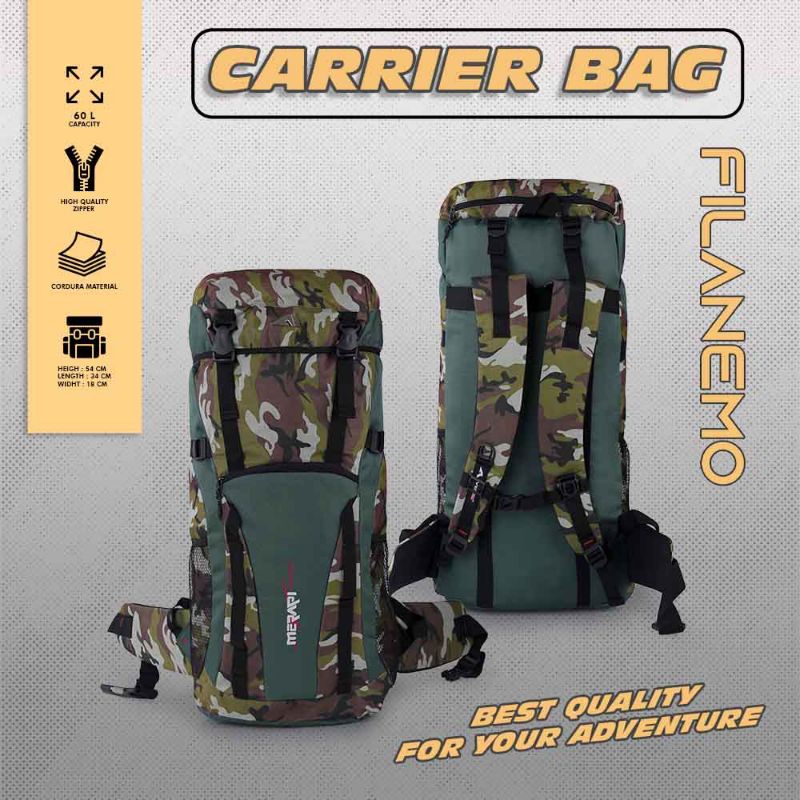 Tas Carrier 60 Liter Loreng Army Terbaru | Tas Gunung Camping Hiking Keril Outdoor Adventure Mudik Muncak Traveling | Tas Besar Bahan Cordura Premium