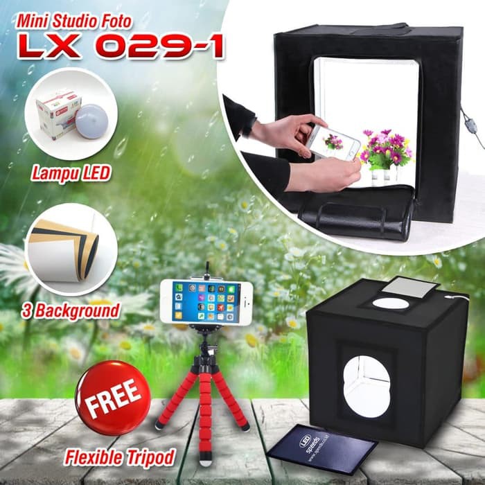 Set Photo Studio Mini 40cm Lengkap Lighting Box LED 3 BackGround Foto