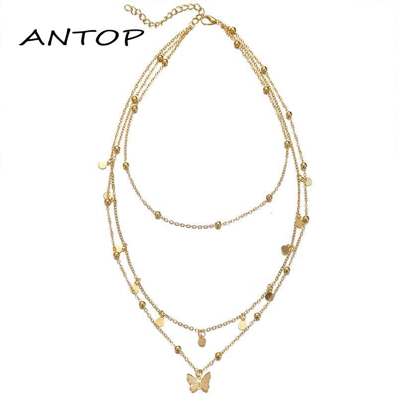 Kalung Korea Mutiara Kupu Emas Perak Rantai Multilayer Necklace Wanita Aksesoris ANTOP