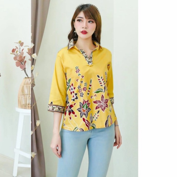 Unik batik atasan wanita lengan panjang kerah kemeja - L  XL Murah