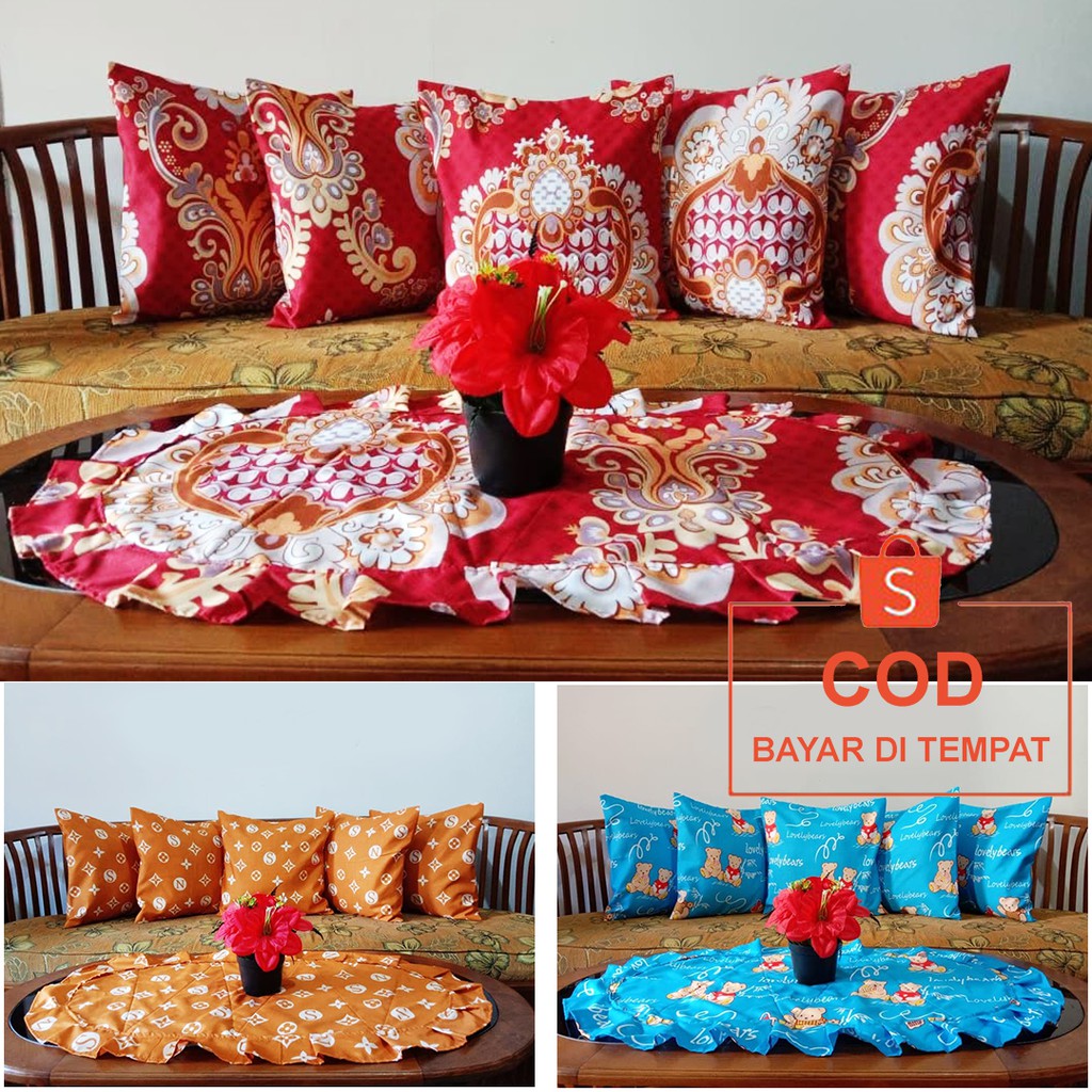 ✅COD Dekorasi Kamar Tamu Mewah Sarung Bantal Kursi Tamu Sofa Set Plus Taplak Meja Batik Sarimbit