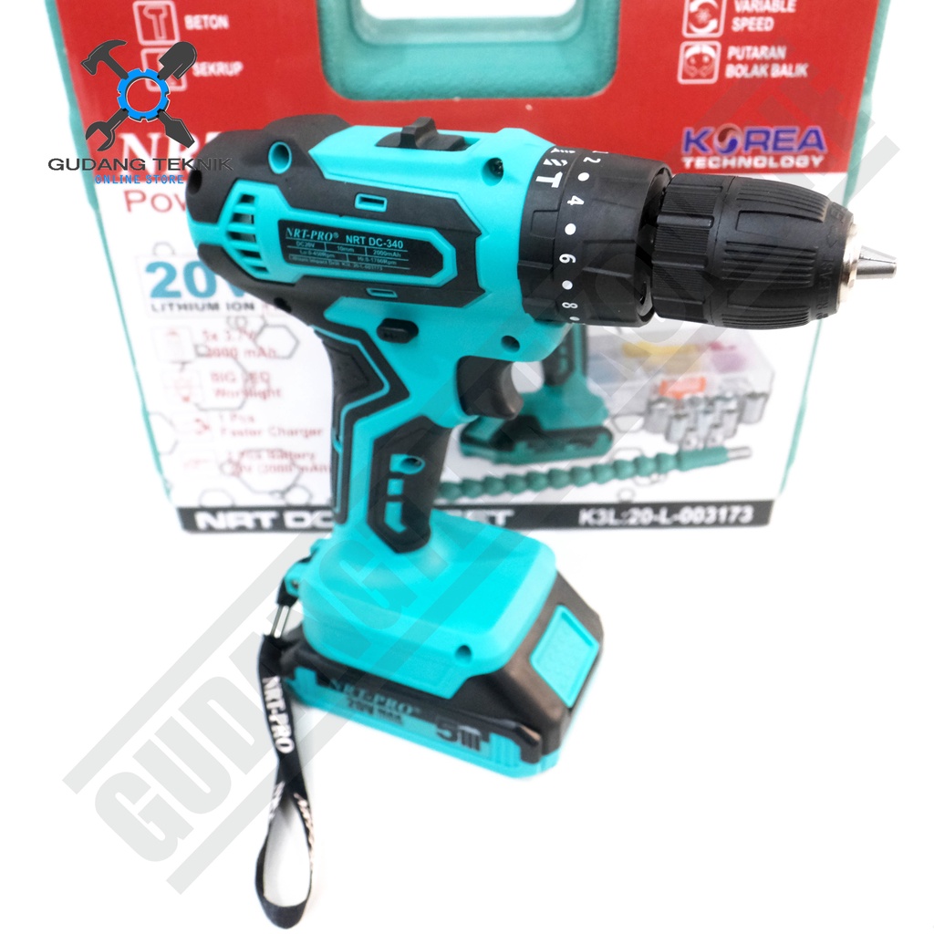 Cordless Drill NRT PRO DC 340 SET / Mesin Bor Baterai Impact Drill 20V Bor Tembok Beton Plus Set Aksesoris / DC340