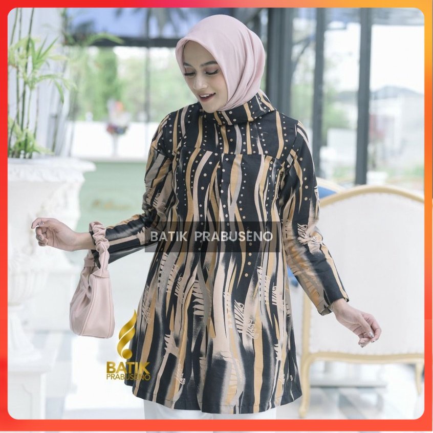 BINAR HITAM Tunik Atasan Baju Batik Wanita Lengan Panjang Original Prabuseno Modern Premium Jumbo Bi