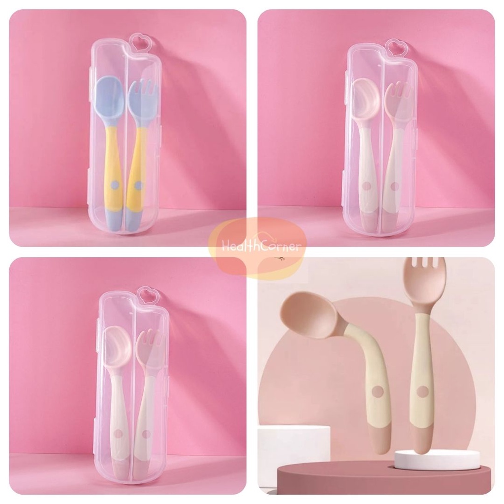 Sendok dan Garpu MPASI Bayi Baby Spoon Fork Set Peralatan Belajar Makan Bayi With Case Silikon / Set Alat Makan Anak