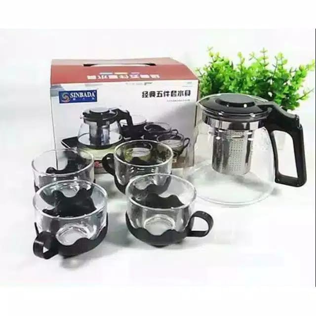 TEAPOT/ TEKO SET GELAS BAHAN KACA + PENYARINGAN/ 5 IN 1/ 1 TEKO DAN 4 GELAS