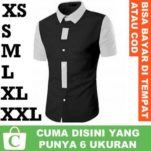 XS S M L XL XXL Kemeja Pria Hem Cowok Lengan Pendek Polos Kombinasi Kerah PUTIH HITAM ABU BIRU MERAH