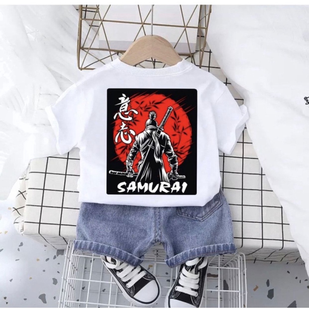 Setelan Kaos Denim | Motif Samurai | Usia 1 - 5 Tahun | Baju Anak Laki Laki | Setelan Anak Cowok | B