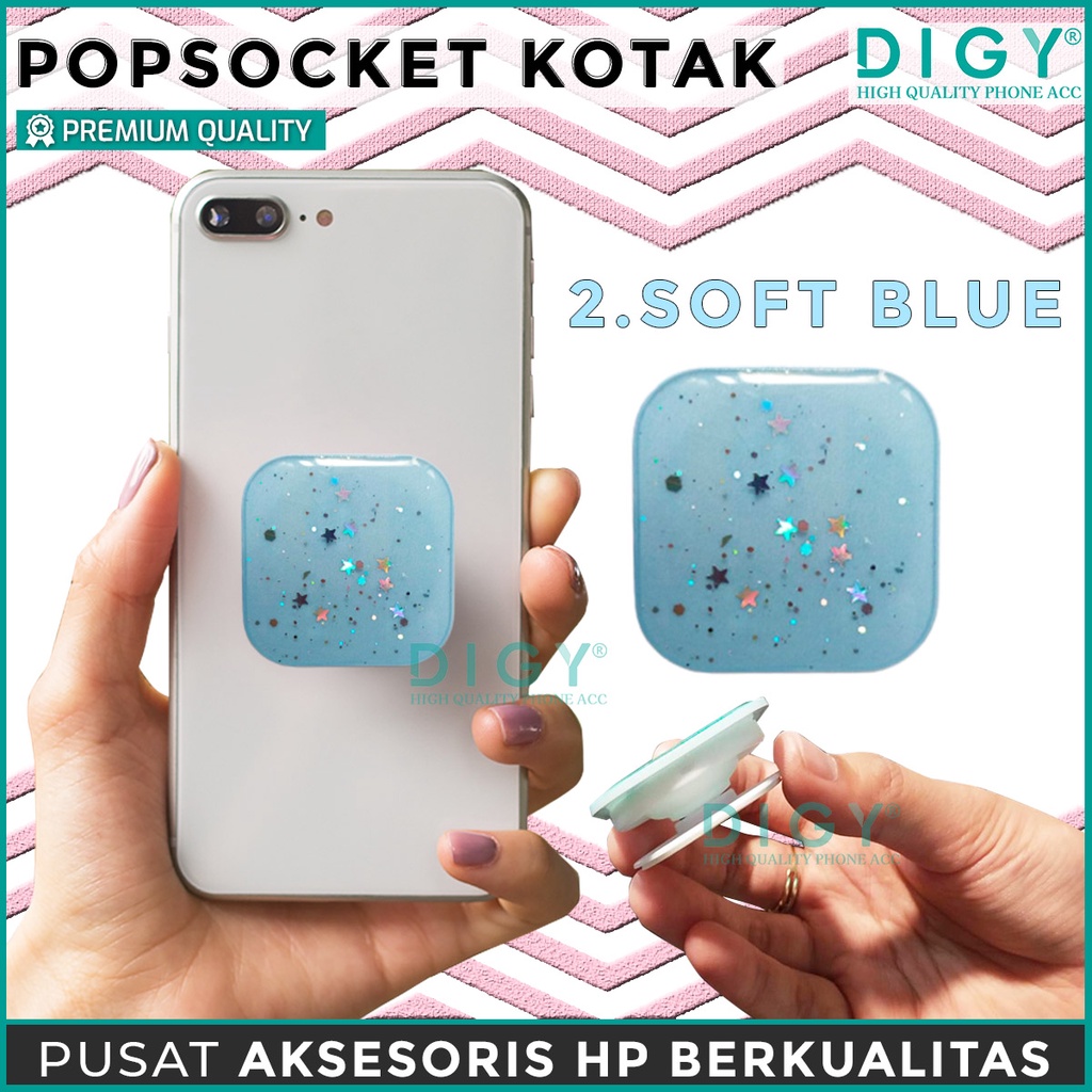 Popsocket Glitter kotak / ring stand hp quality import Pop Socket Hp Motif polos holder kotak hp / pegangan hp / standing socket