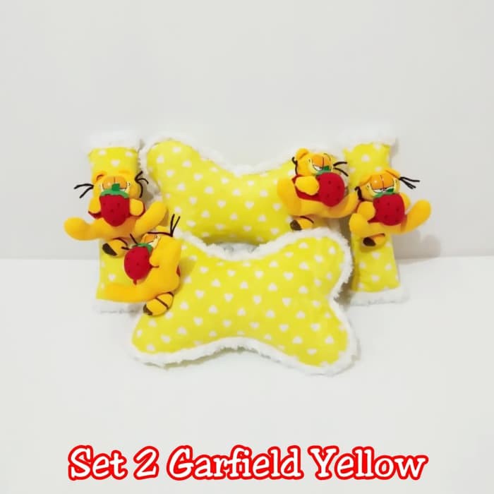 Set bantal headrest sandaran kepala jok leher kursi mobil boneka garfield kuning 2 g