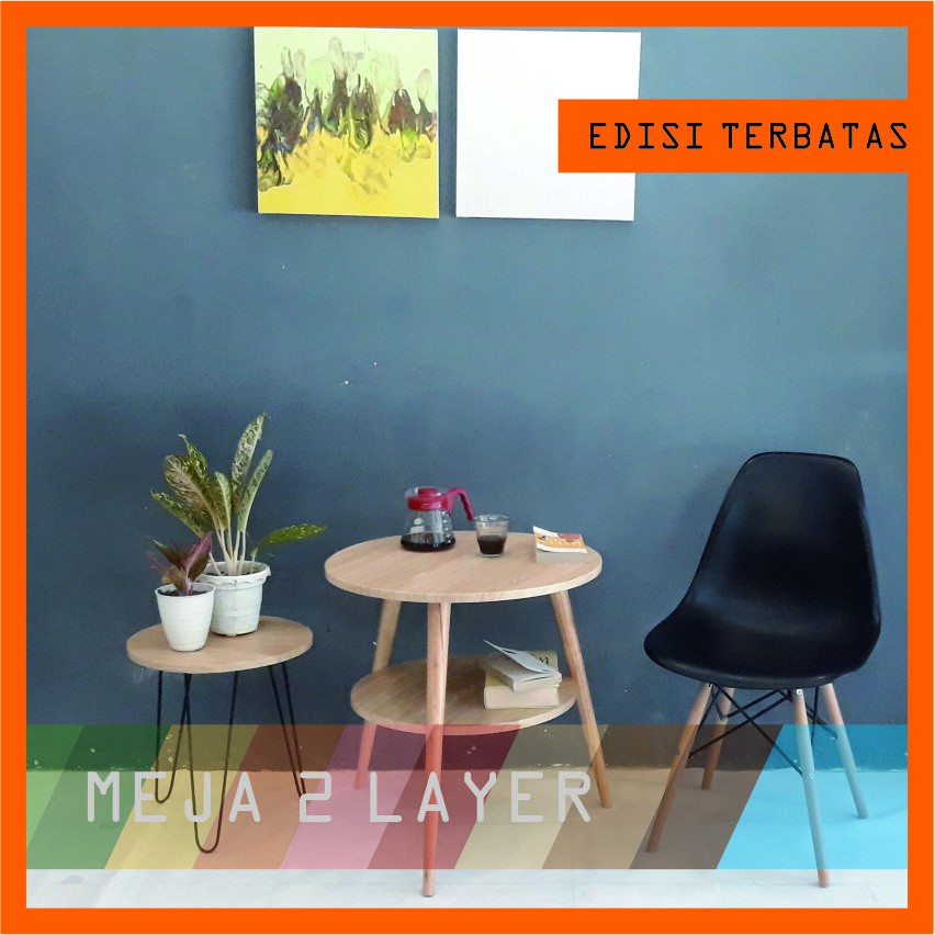 MEJA MINIMALIS BULAT 2 LAYER KAKI BUBUT KAYU, MEJA TAMU SOFA