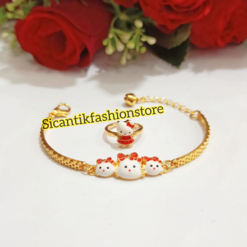 Gelang Titanium Anak Anak Perhiasan Set Anak Gelang Cincin Terlaris Anti Karat Hello Kitty merah