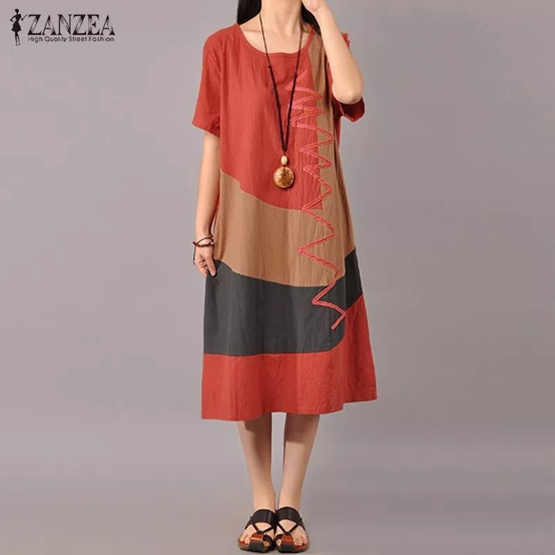 ZANZEA Dress wanita import Casual elegan lengan pendek Terbaru S-5XL