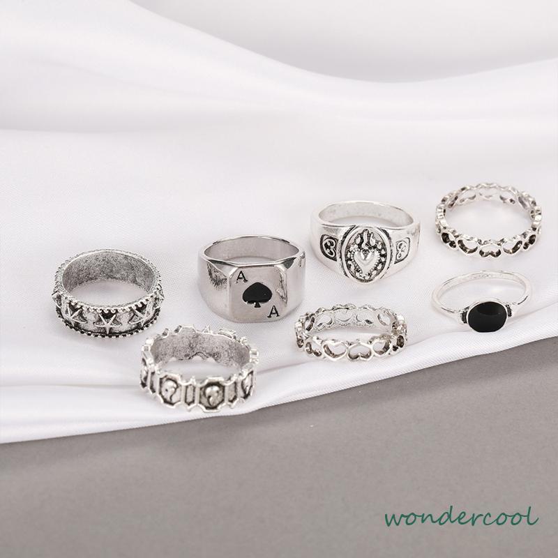 7 Pcs Cincin Jari Bentuk Hati Tidak Teratur Warna-Warni Gaya Punk Retro Untuk Pria -Won