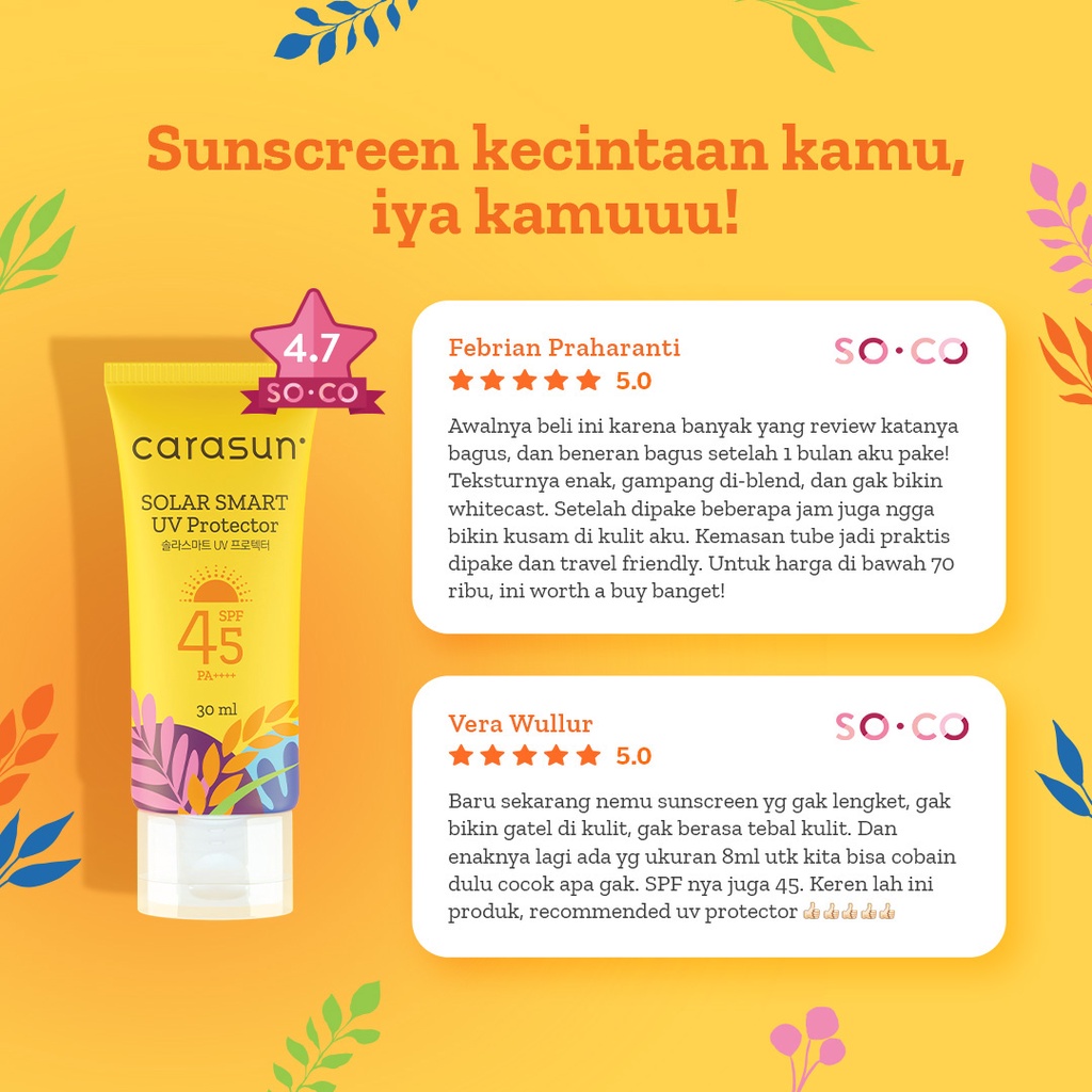 Carasun Solar Smart UV Protector SPF 45 PA++++ Sunscreen - Ukuran 30 ml (Sedang)  / 70 ml (Besar) / Sachet 8 ml (Travel) - BPOM Suncreen Sun Sunblok Sunblock Sun Blok Sun creen Suncren Sunscren Wajah