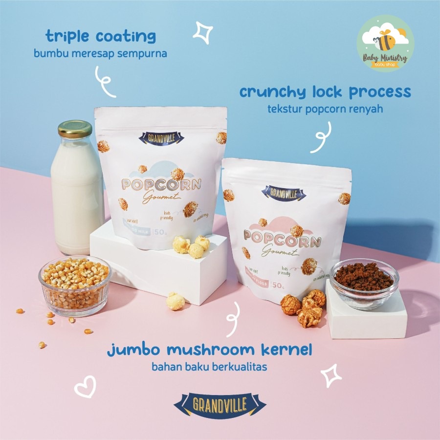 GRANDVILLE POPCORN  GOURMET/ CRUNCHY POPCORN  / MAKANAN BAYI / SNACK ANAK DAN BAYI