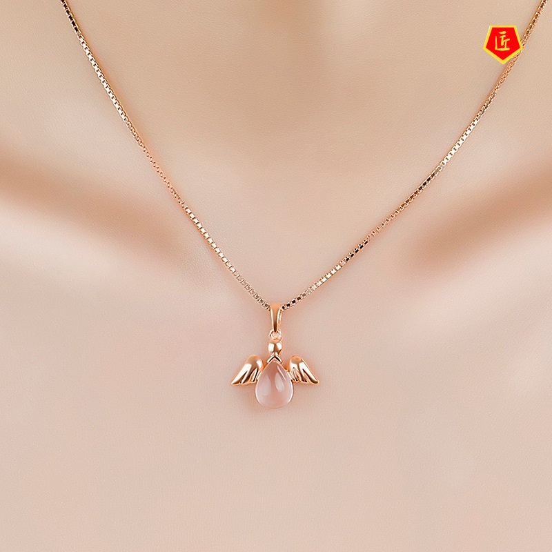 [Ready Stock]Korean Angel Necklace Rose Gold Pink Crystal Women's Pendant Sweet Elegant