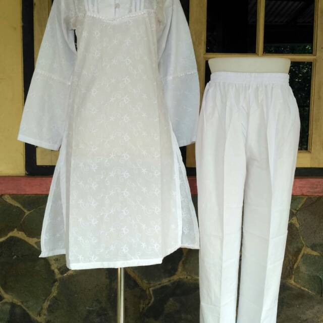 PAKAIAN WANITA TUNIK STYLE KEKINIAN BARU / Setelan celana putih dewasa katun baju umroh haji size