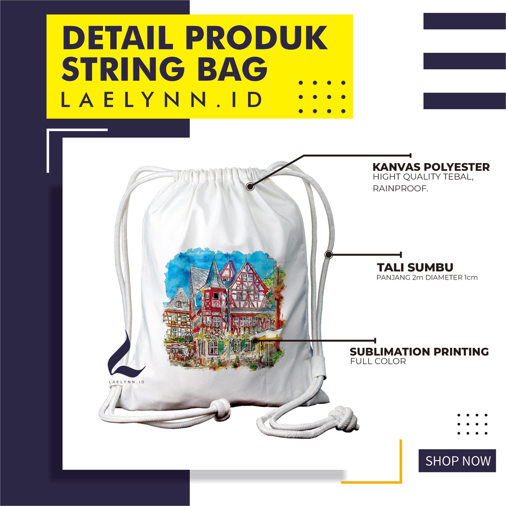 LAELYNN - STRING BAG TAS SERUT KANVAS PREMIUM Motif Destination Watercolor - DWC0916