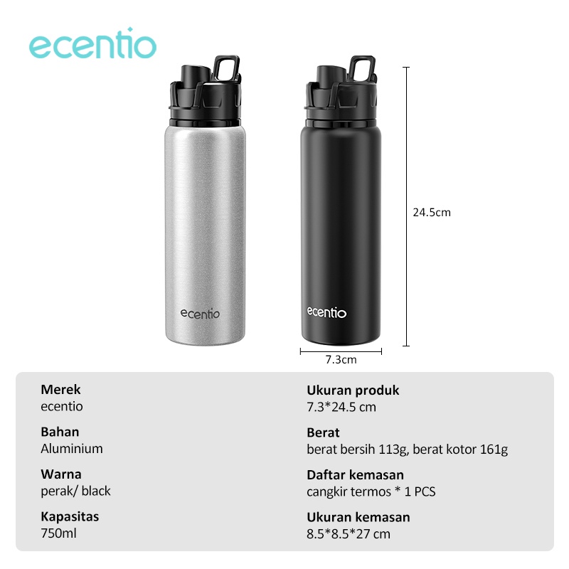 ecentio Sports Tumbler Botol Air Minum Water bottle drinking Aluminum cup Sports Botol Air 750ML