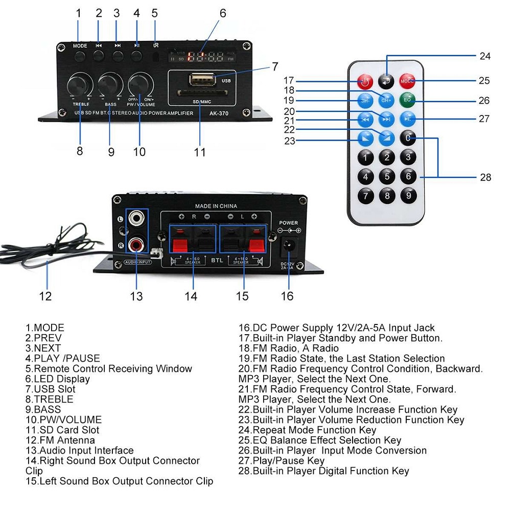 Leory Amplifier bluetooth Penguat Daya Audio Bluetooth Mobil Car Audio Power Amplifier 12V 40W - AK370