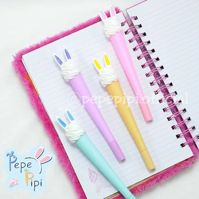 4 dan 12 pcs Pena Bunny Ice Cream/ Kelinci / Rabbit, Pen Bolpen Pulpen Gelpen Karakter Lucu