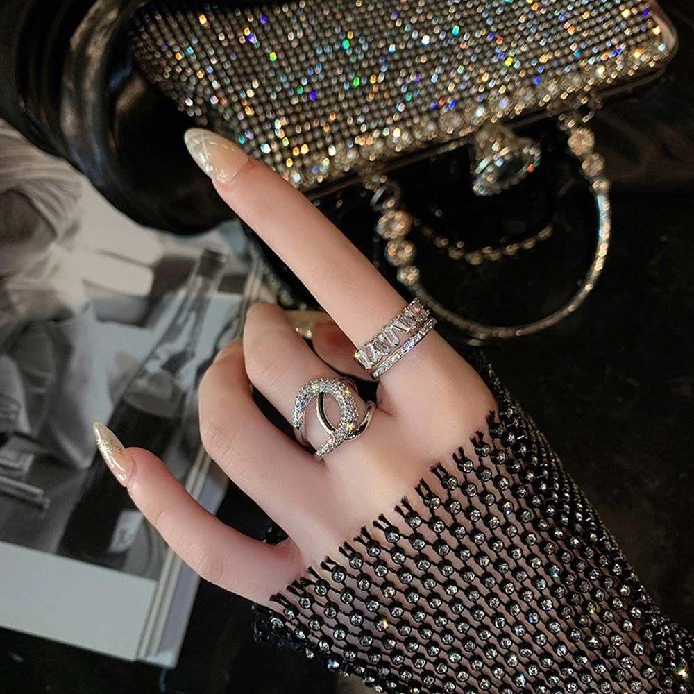Mxbeauty Cincin Model Terbuka Bentuk Lingkaran Ganda Bahan Logam Aksen Zirkon Gaya Korea Untuk Wanita