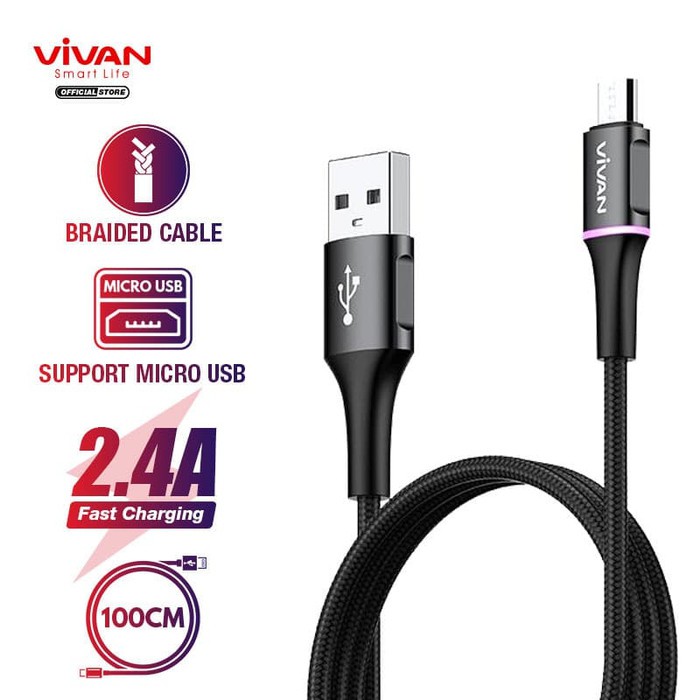 VIVAN Kabel Data VDM100 2.4A DAta Kabel Micro USB Android 1M LED Light Quick Charge Garansi Original