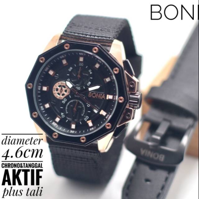 JAM TANGAN PRIA BONIA KANVAS CRONO TGL AKTIF FREE TALI KULIT || DIAMETER 4.6 CM ||