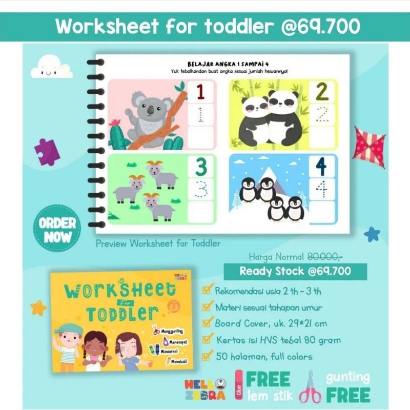 Hello zebra worksheet for toddler / Kindergarten buku aktifitas anak free gunting dan lem READY STOC