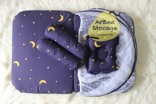 Kasur bayi set kelambu bantal guling bulan bintang navy lipat