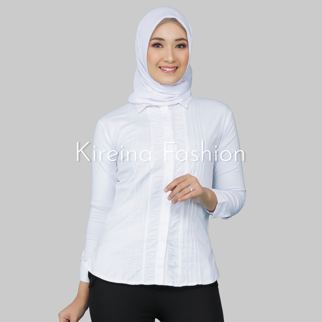 Kemeja Putih Wanita Rempel Panjang Bahan Katun Stretch Melar | Kireina Fashion