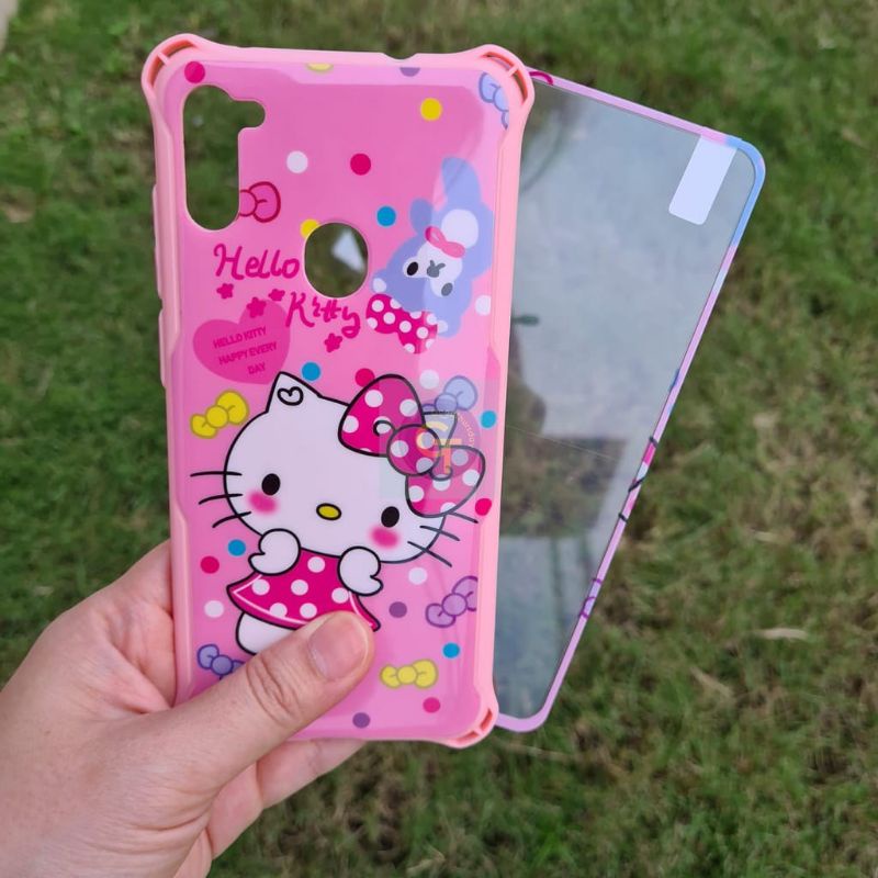 360 CASE GLOSSY CARTOON (bahan jelly) plus Tempered For Hp Oppo Realme Xiaomi Redmi Vivo Samsung Caseplustempered