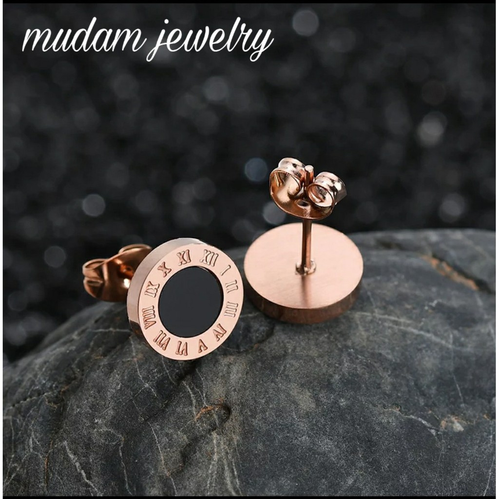Anting Titanium Stud B<lgr Angka Romawi Untuk Wanita dan Pria Warna Rose Gold, Gold dan Silver-2