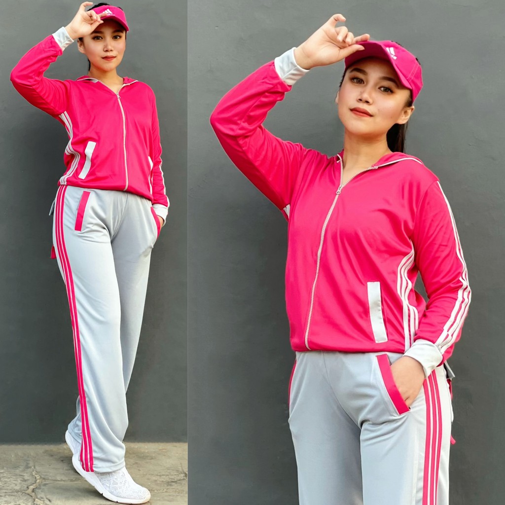 READY Baju Senam Setelan Aerobic Zumba Lapangan Fitness Hijab Muslim Panjang Training Pink Abu