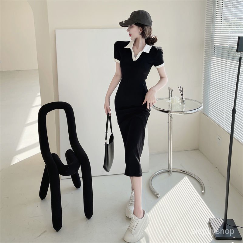 #Sisjuly# Gaun Kerah Polo Wanita Rok Panjang Ramping Ramping Baru Wanita