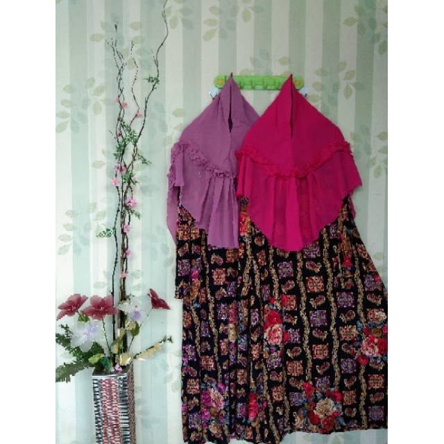 Gamis jumbo syar'i set jilbab/gamis jumbo syar'i khimar permata ceruty 2 layer 6L