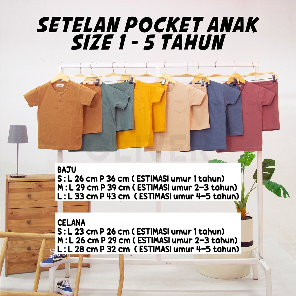 OliverKids Setelan Anak 1-5 Tahun Setelan Kiano Pocket Anak Celana Jogger Dan Baju Anak Polos Katun Combed One Set Henley Tee Setelan Pantai Anak-1