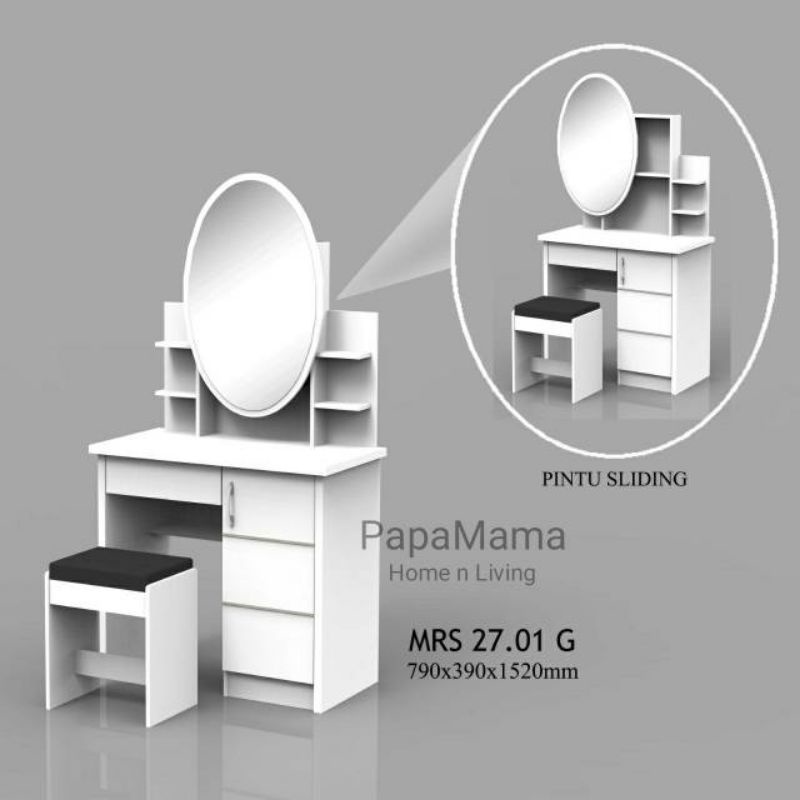 Meja Rias Sliding - White Glosy Oval - Kaca Hias Minimalis - Tiolet - Medan